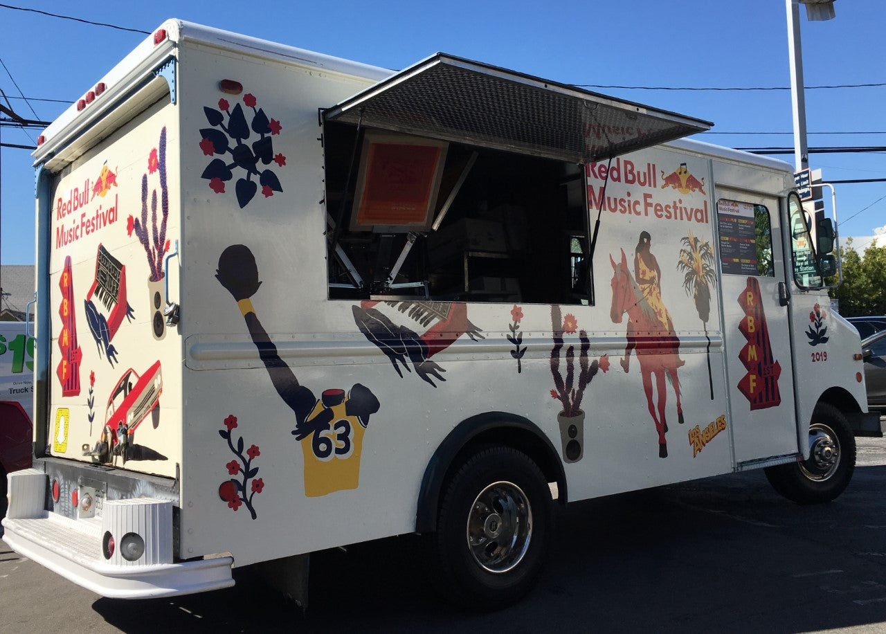 Red Bull Music Festival truck with colorful vinyl graphics that work with Augmented Reality on a clear day in Los Angeles, CA.
